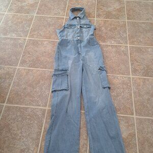 Fashion Nova Madelaine denim backless light wash jumpsuit NWT M